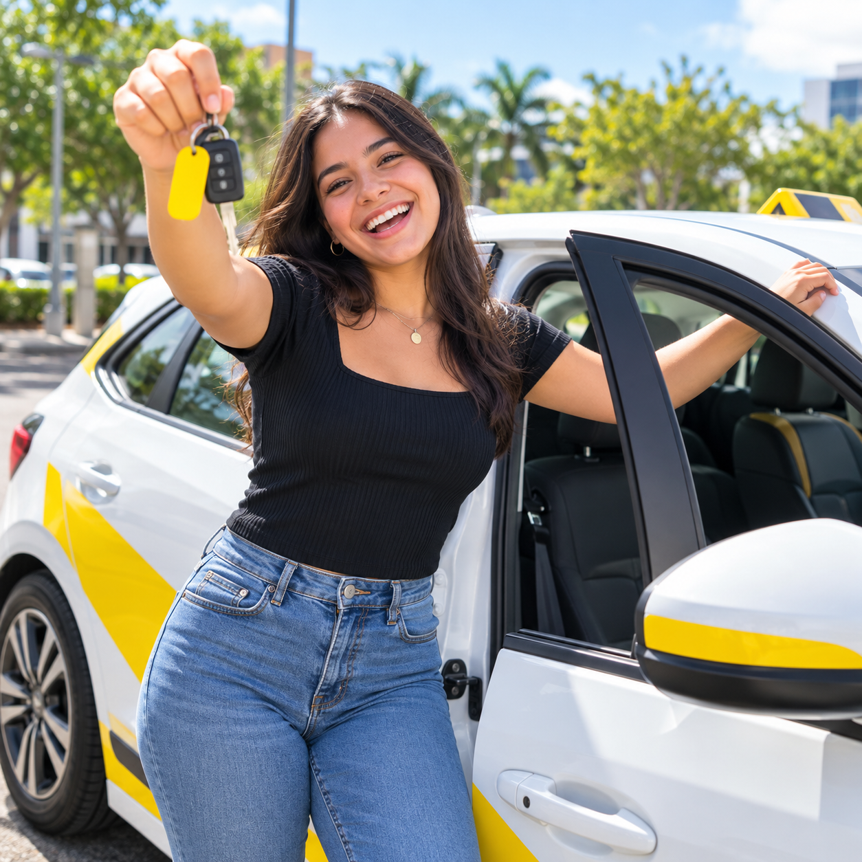 Joven con las llaves del carro de práctica antes de su clase de manejo para jóvenes