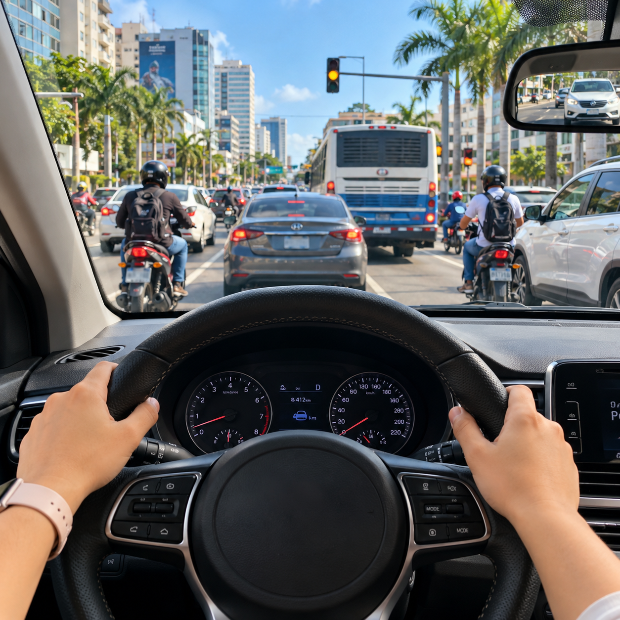 Vista desde el volante hacia una avenida con tráfico durante el curso de manejo defensivo