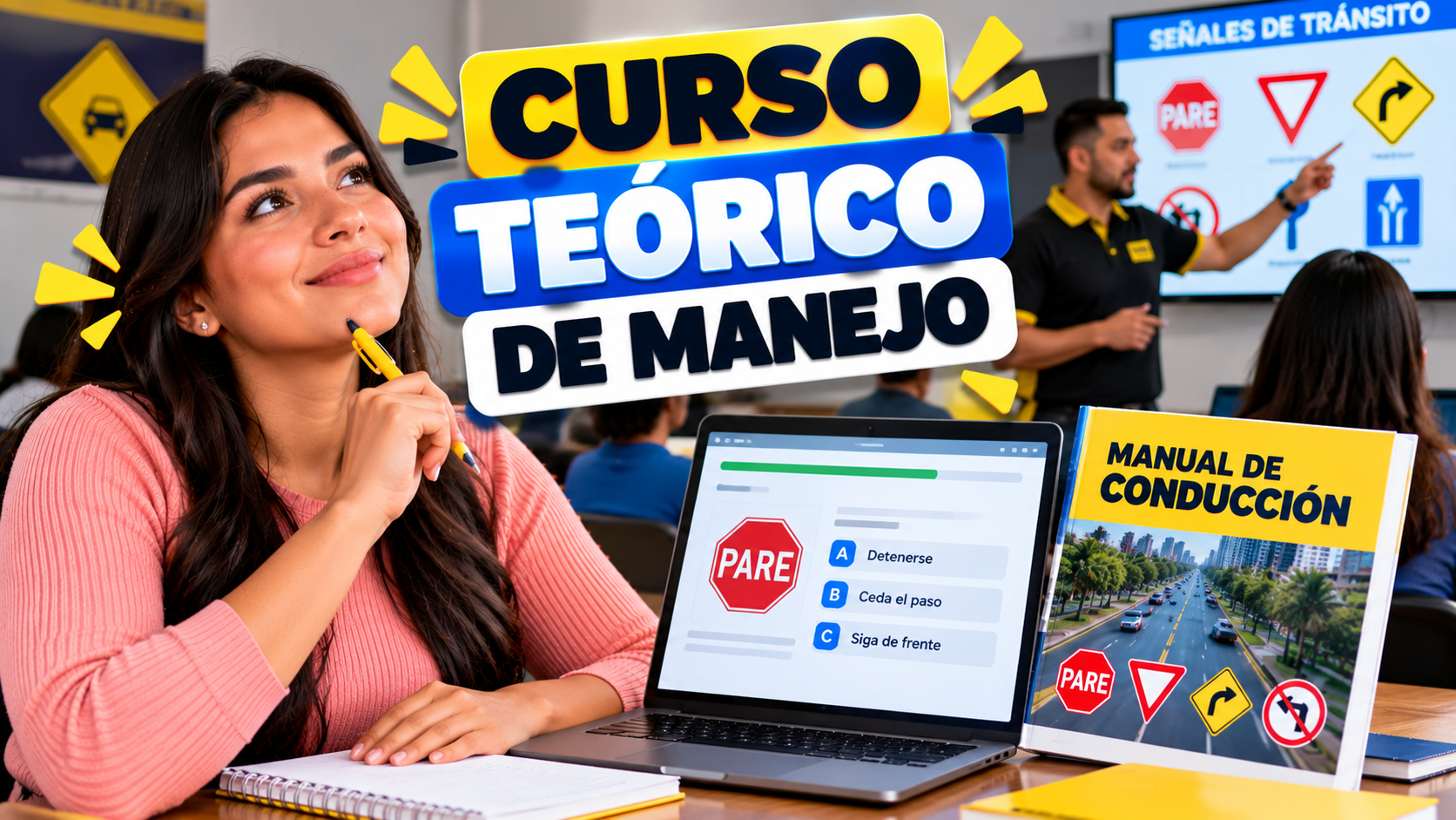 Persona estudiando un curso teórico de manejo en línea