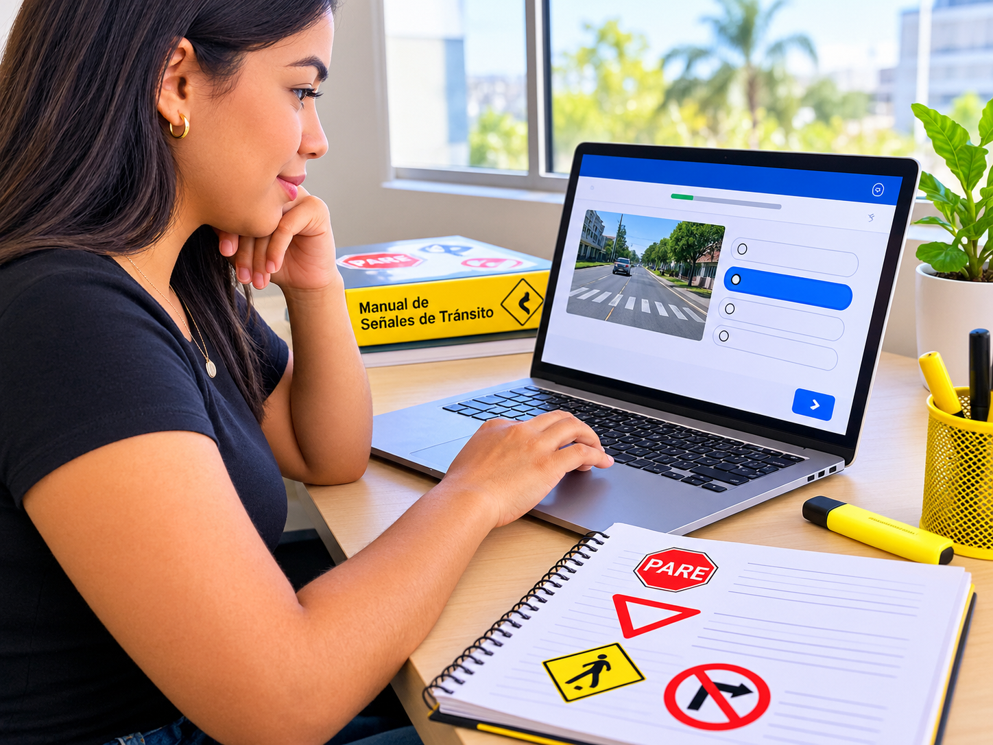 Estudiante practicando las preguntas del examen teórico del INTRANT