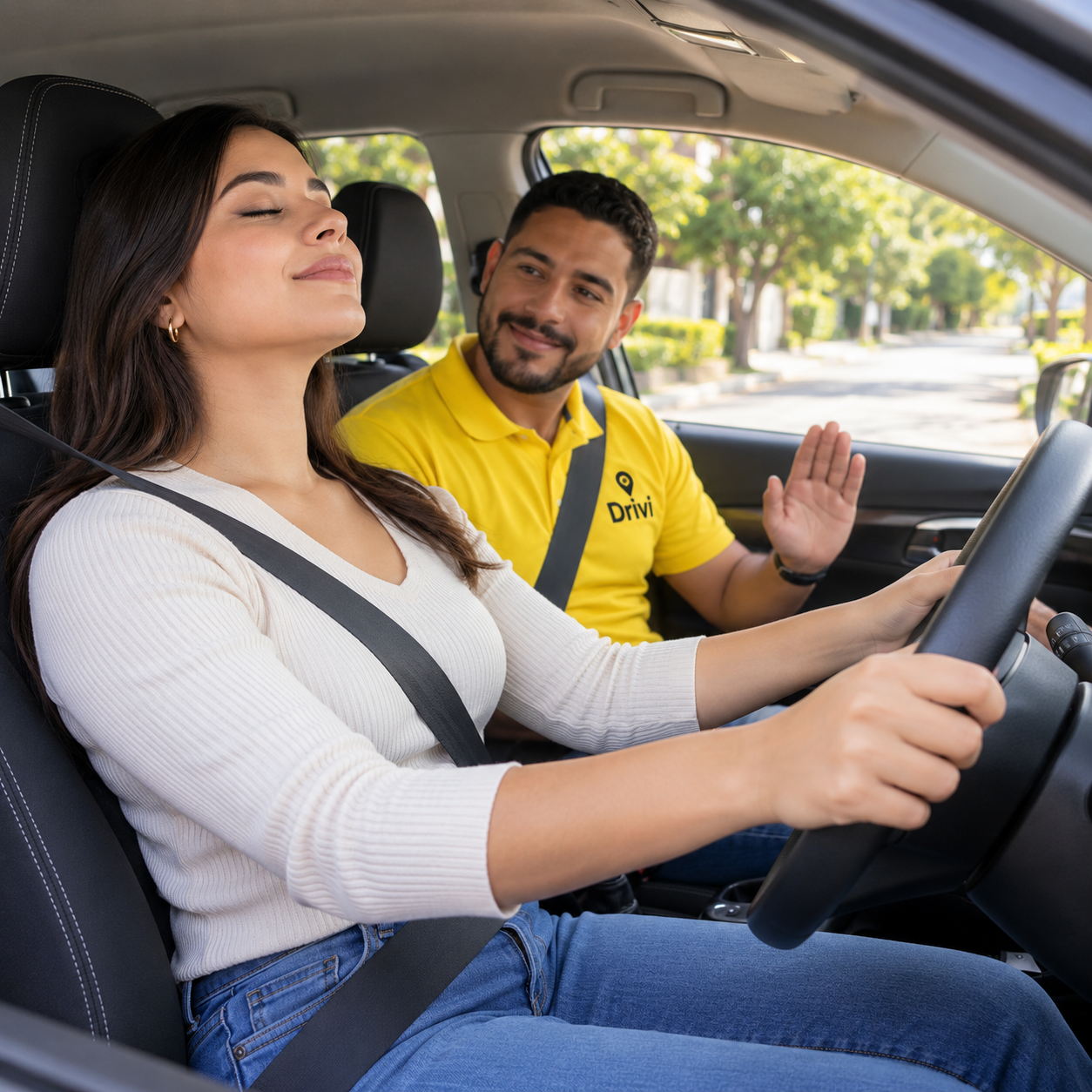 Estudiante relajado al volante con el instructor al lado en una clase para personas nerviosas