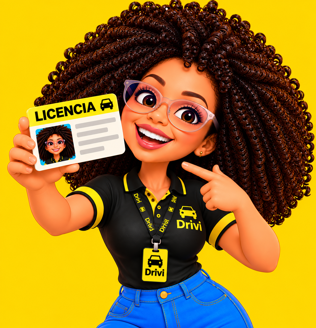 Mascota de Drivi feliz mostrando su licencia de conducir