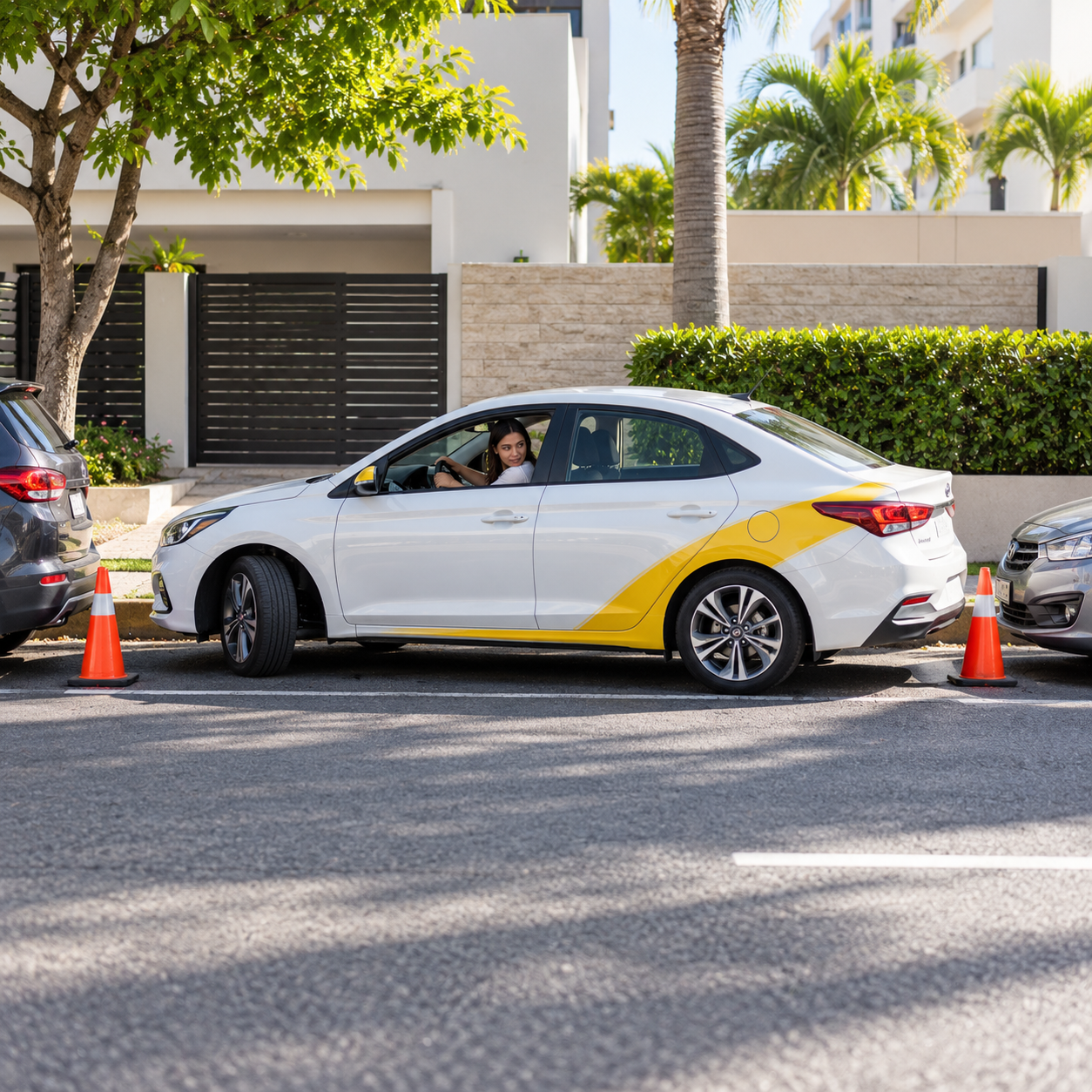 Carro de práctica haciendo parqueo en paralelo entre conos en el curso de parqueo de Drivi