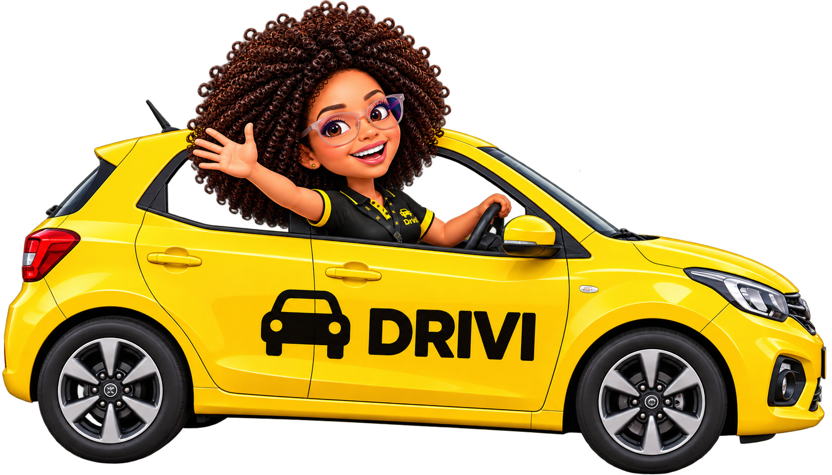 Mascota de Drivi manejando el carro amarillo de la escuela